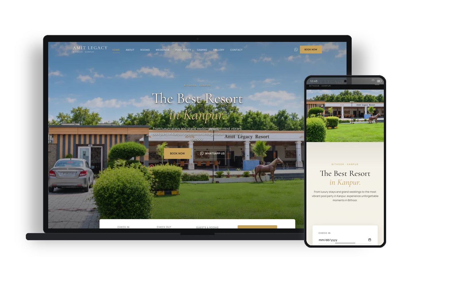Amit Legacy Resort custom website and direct booking engine mockup shown on desktop laptop and modern Android phone