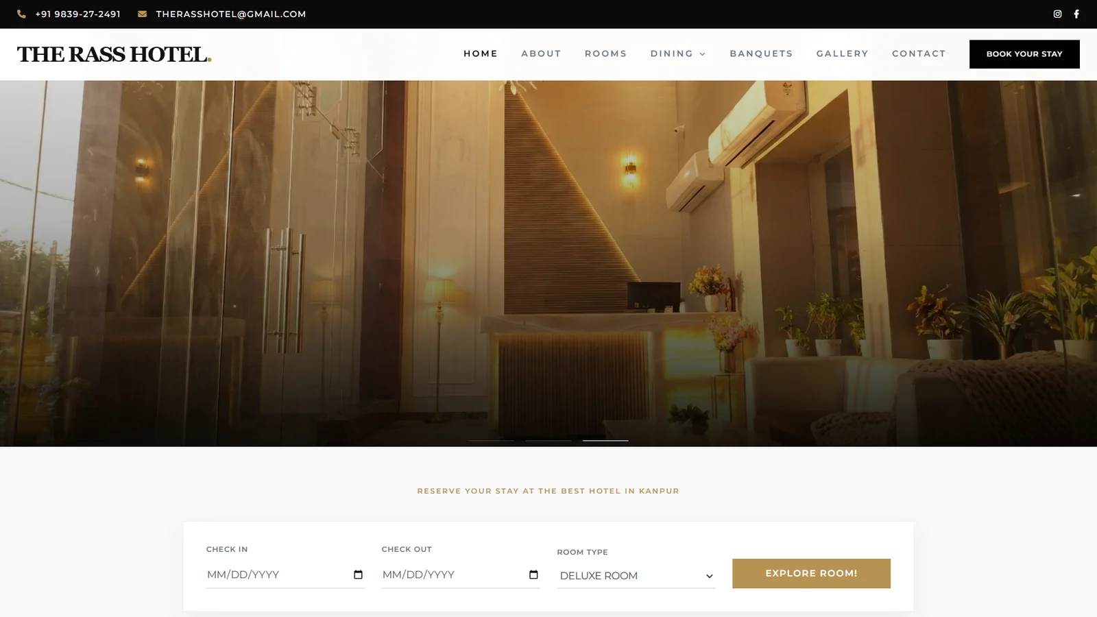 Custom Hotel Rass website showing its hotel reception, navigation and booking interface